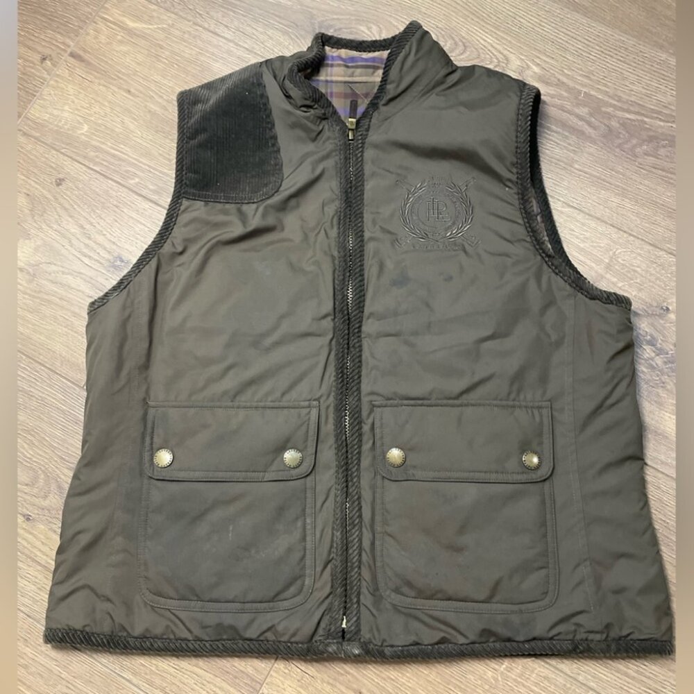 Lauren Ralph Lauren Vintage 90s Reversible Vest Plaid Brown Corduroy Zip Front L - Picture 1 of 6